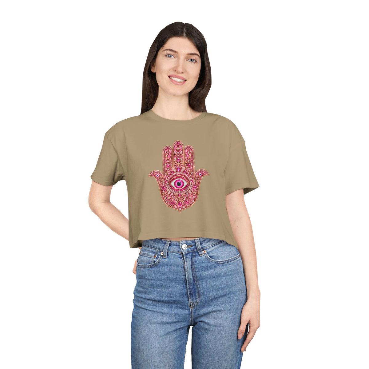 Women's Hamsa Hand Crop Tee – Pink Evil Eye Protection