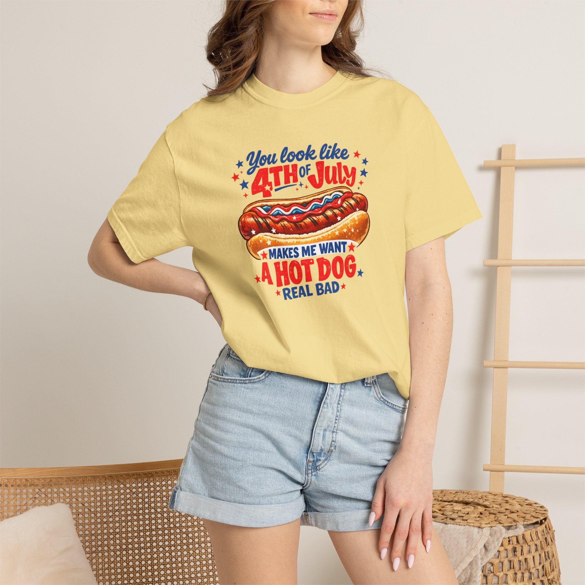 4th of July Hot Dog T-Shirt – "You Look Like 4th of July Makes Me Want a Hot Dog Real Bad"