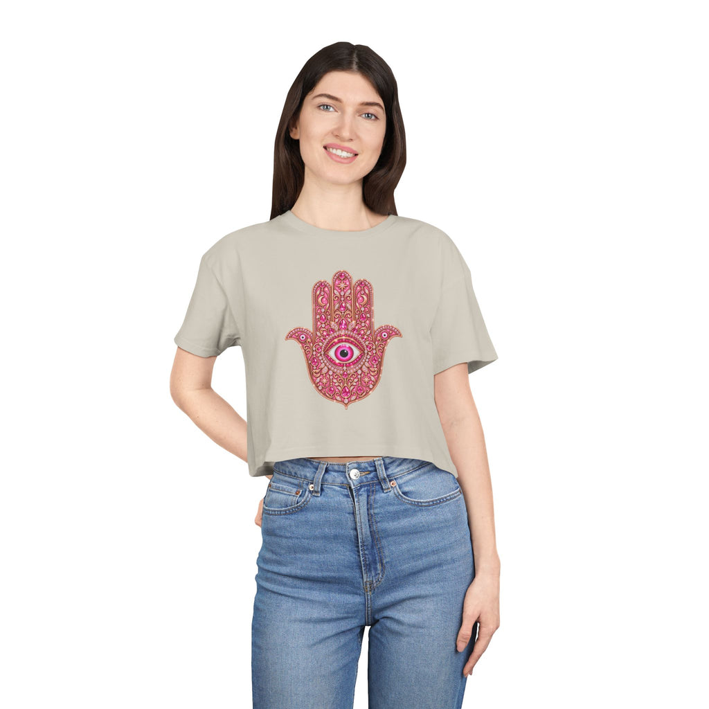 Women's Hamsa Hand Crop Tee – Pink Evil Eye Protection