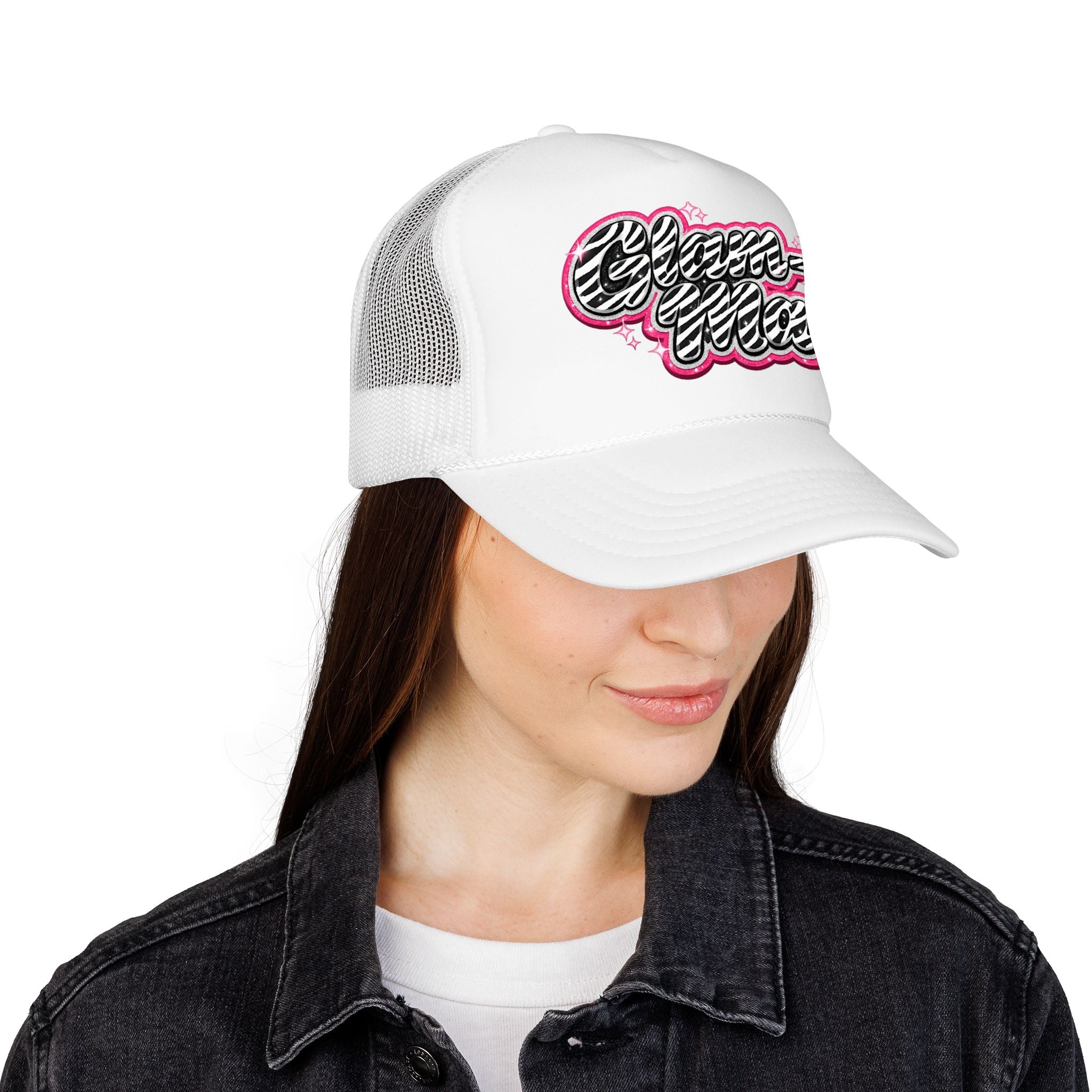 Zebra Script Foam Trucker Hat — Retro Pink Glitter "Glam Vibes" Cap