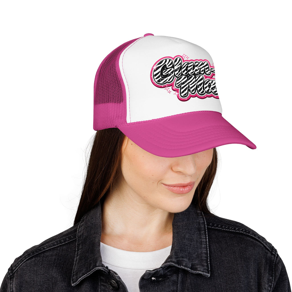 Zebra Script Foam Trucker Hat — Retro Pink Glitter "Glam Vibes" Cap