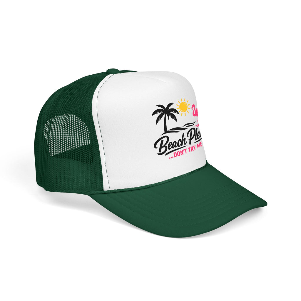 Beach Please Trucker Hat — "Don't Try Me" Tropical Flamingo Cap