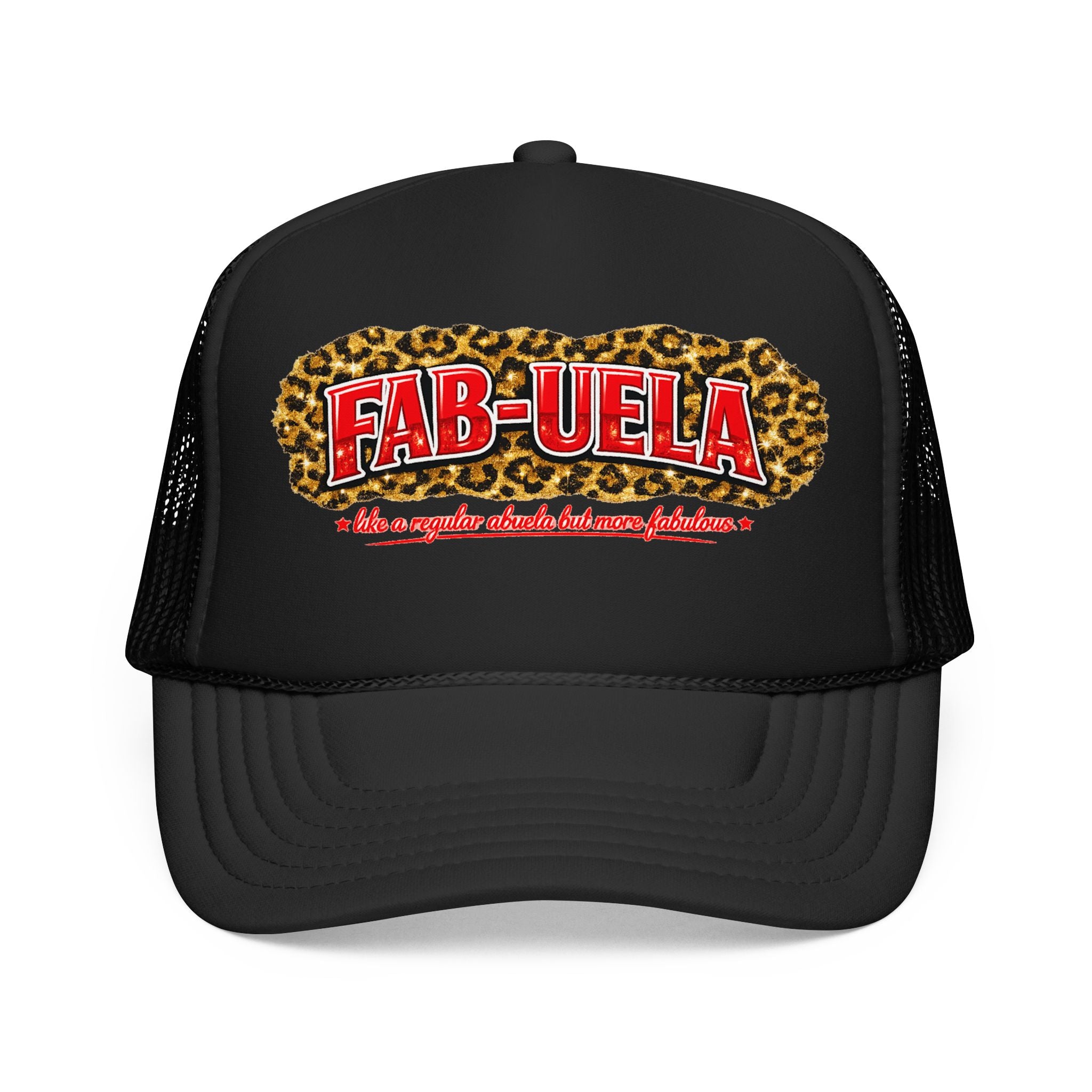 Fab-Uela Leopard Foam Trucker Hat — Funny Grandma Gift, Retro Leopard Print Trucker Cap