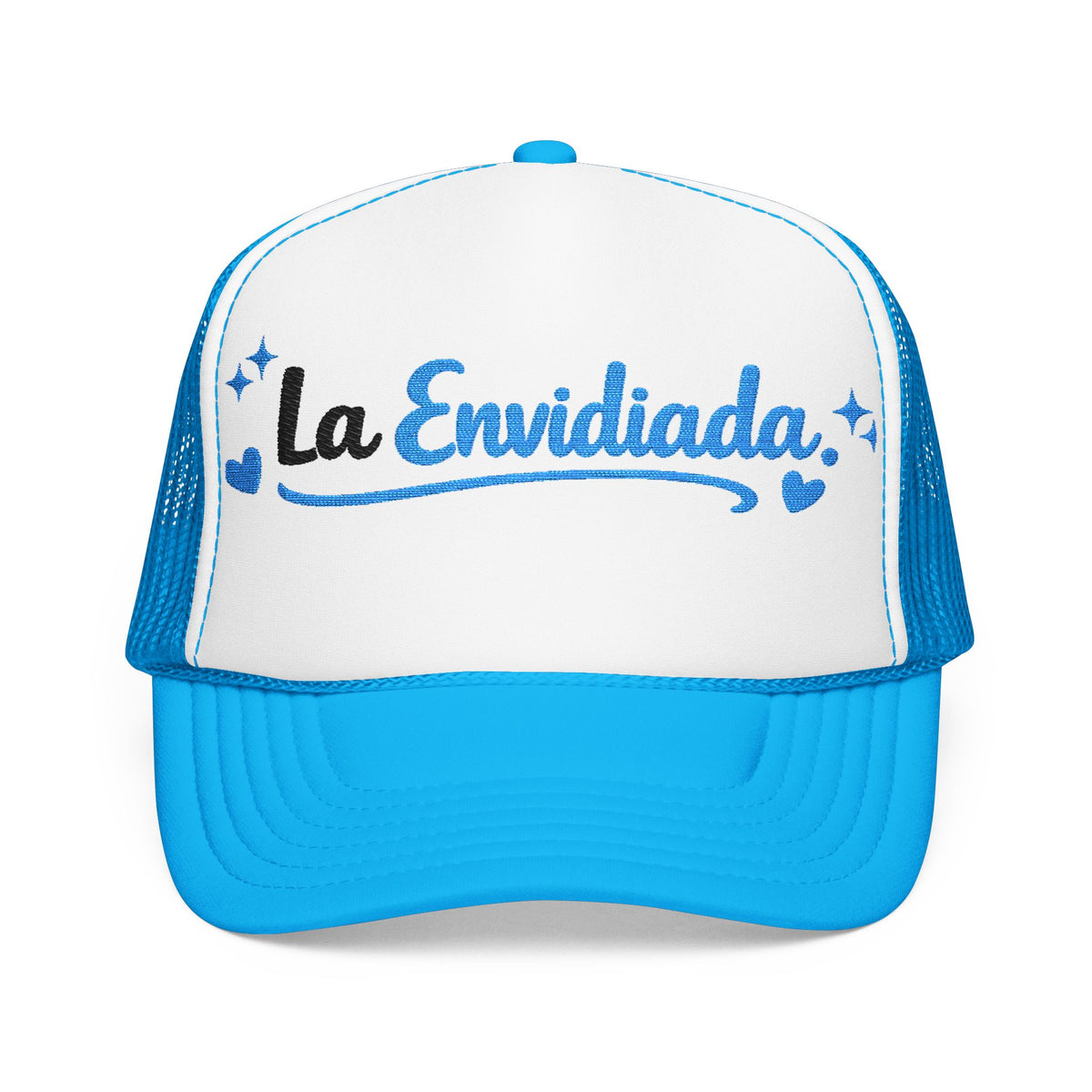 Emocionada Script Trucker Hat — Blue Glitter "La Envidiada" Foam Cap
