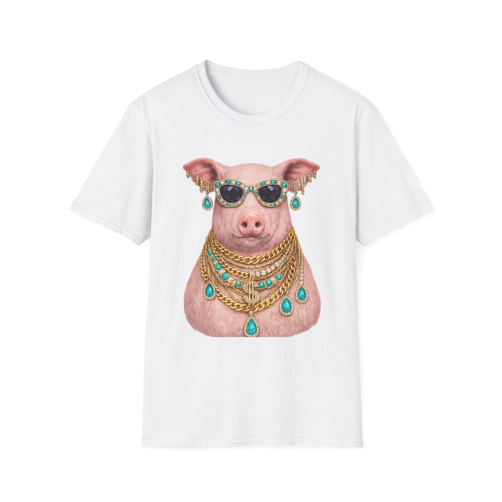 Pig with Sunglasses & Jewelry T-Shirt — Glamorous Bling Pig Tee