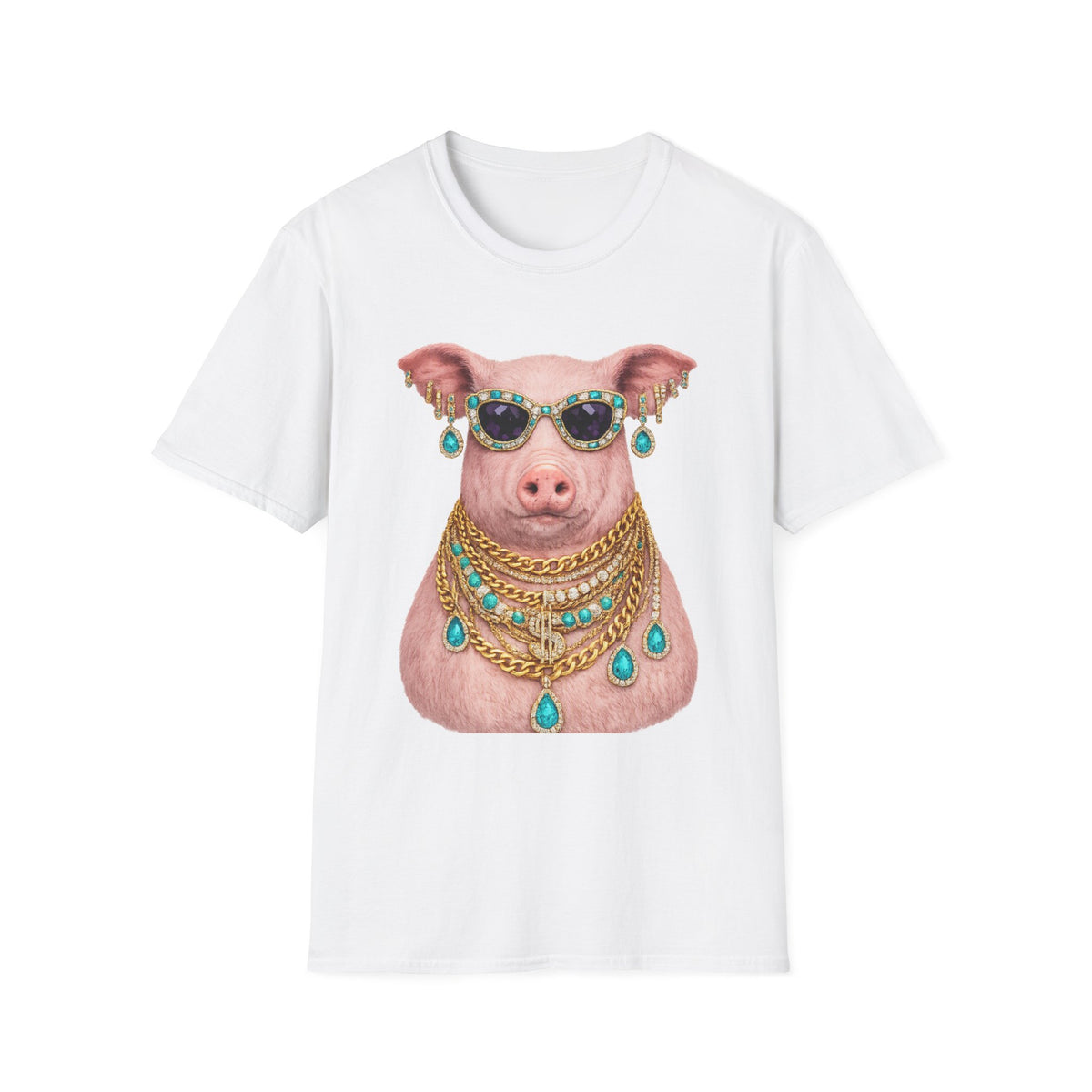 Pig with Sunglasses & Jewelry T-Shirt — Glamorous Bling Pig Tee