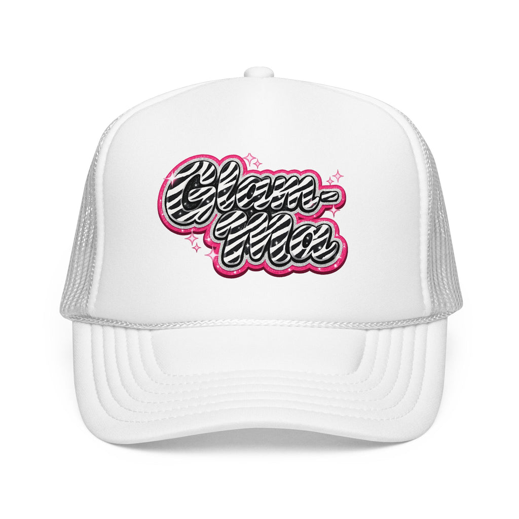 Zebra Script Foam Trucker Hat — Retro Pink Glitter "Glam Vibes" Cap
