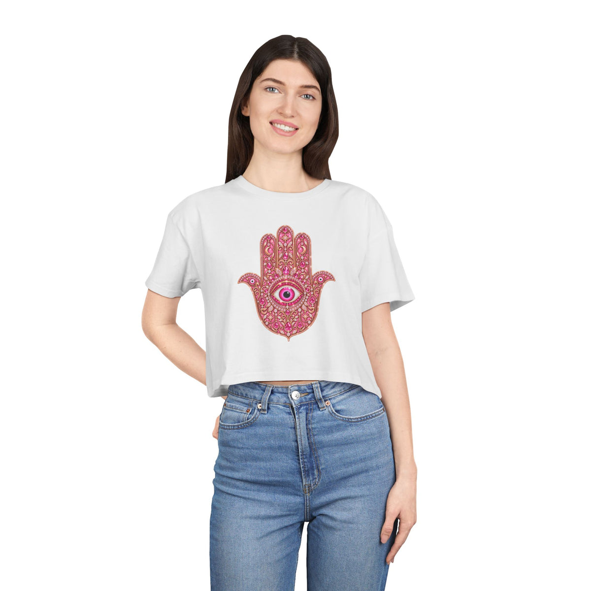 Women's Hamsa Hand Crop Tee – Pink Evil Eye Protection