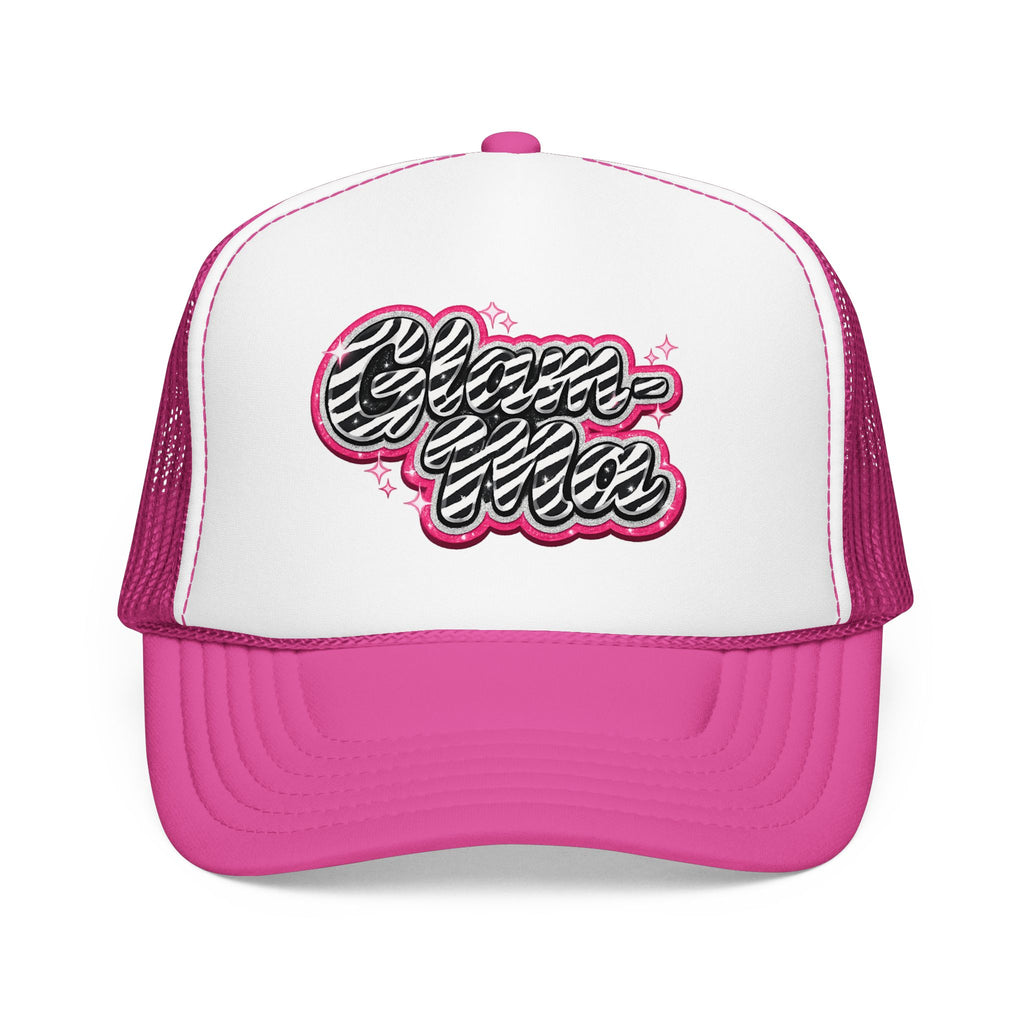 Zebra Script Foam Trucker Hat — Retro Pink Glitter "Glam Vibes" Cap