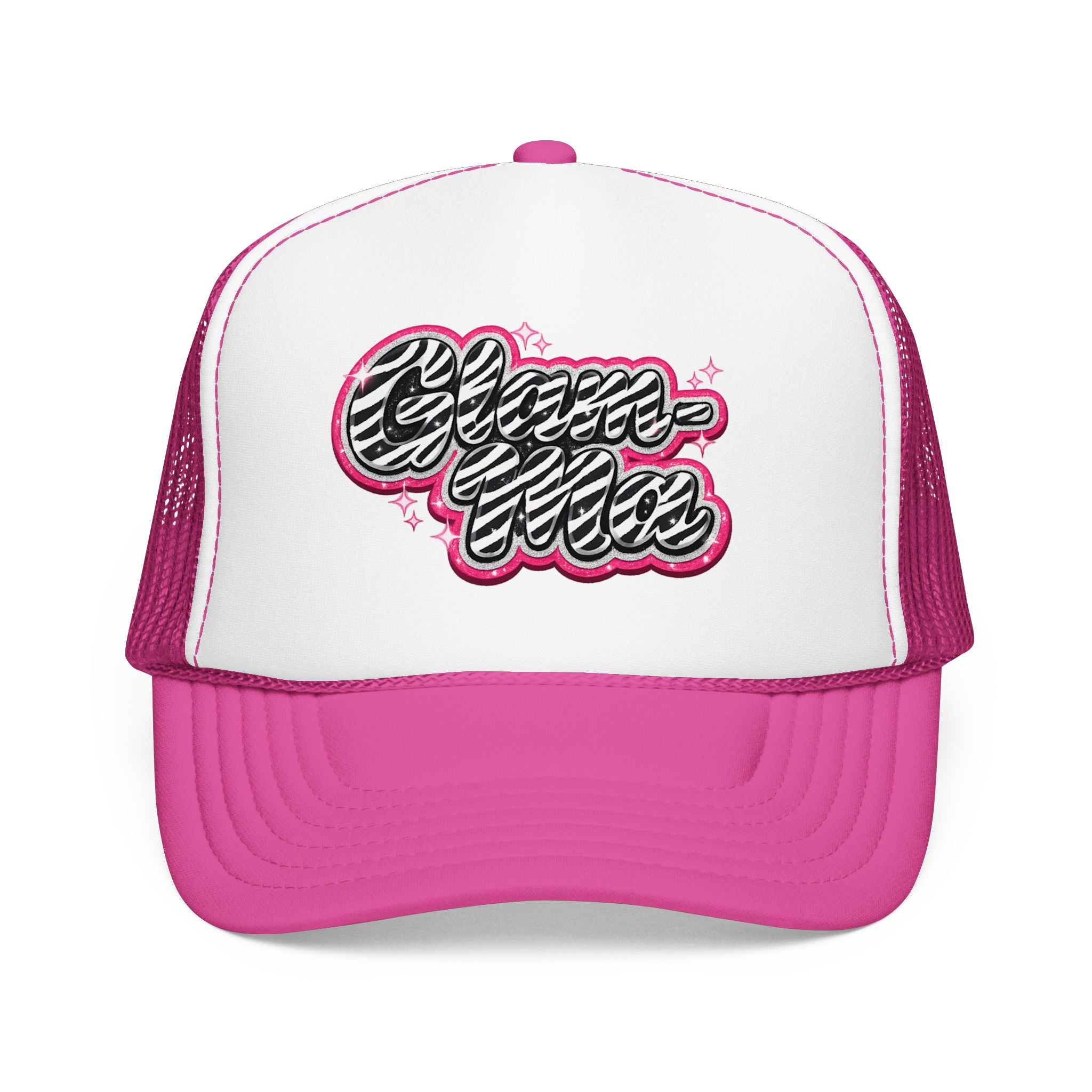 Zebra Script Foam Trucker Hat — Retro Pink Glitter "Glam Vibes" Cap