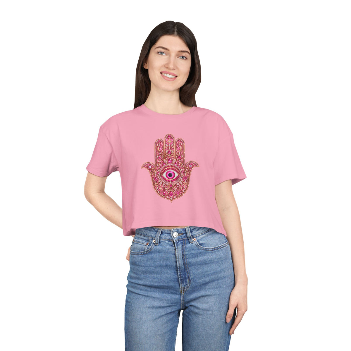 Women's Hamsa Hand Crop Tee – Pink Evil Eye Protection