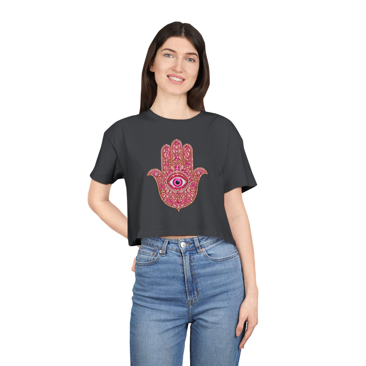 Women's Hamsa Hand Crop Tee – Pink Evil Eye Protection