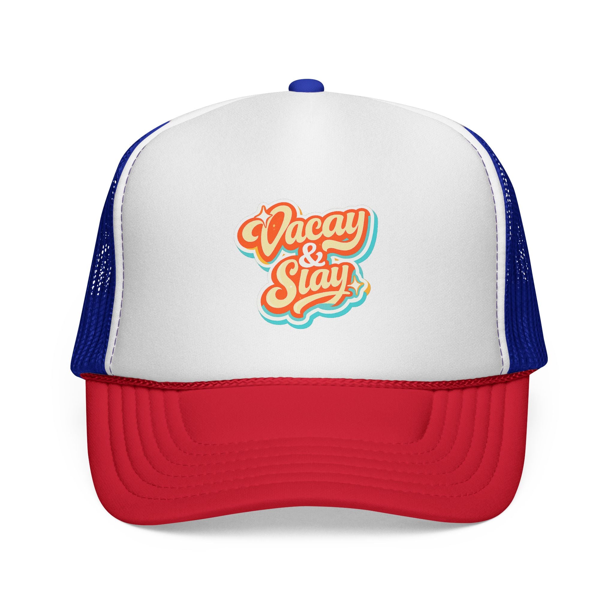 Vacay & Slay Trucker Cap — Retro Beach Vacation Mesh Hat