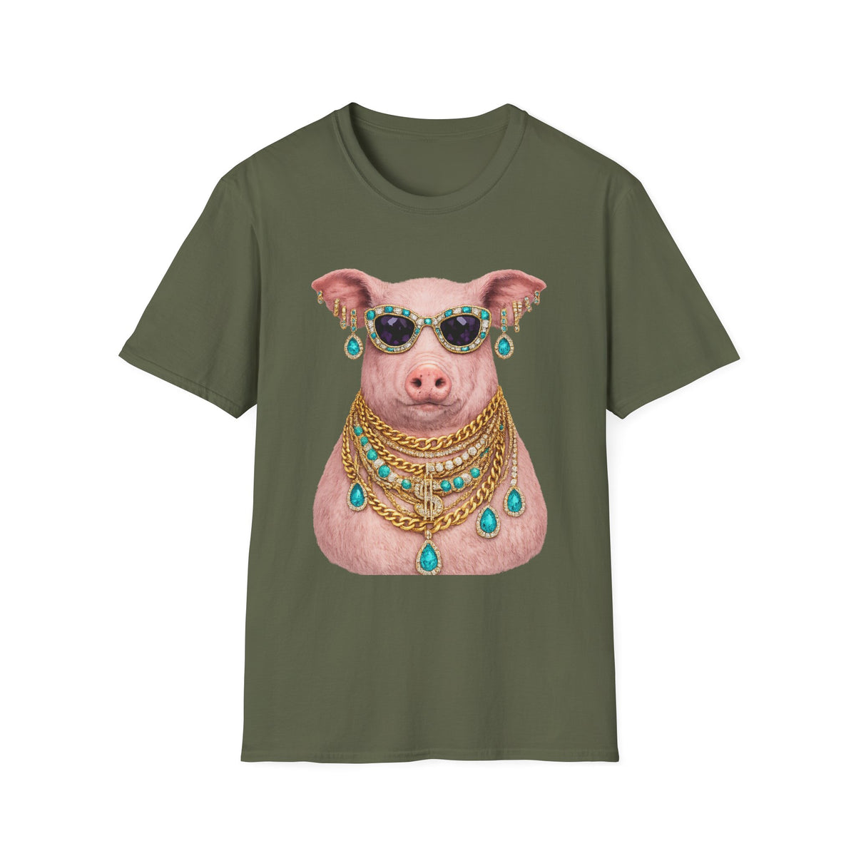 Pig with Sunglasses & Jewelry T-Shirt — Glamorous Bling Pig Tee
