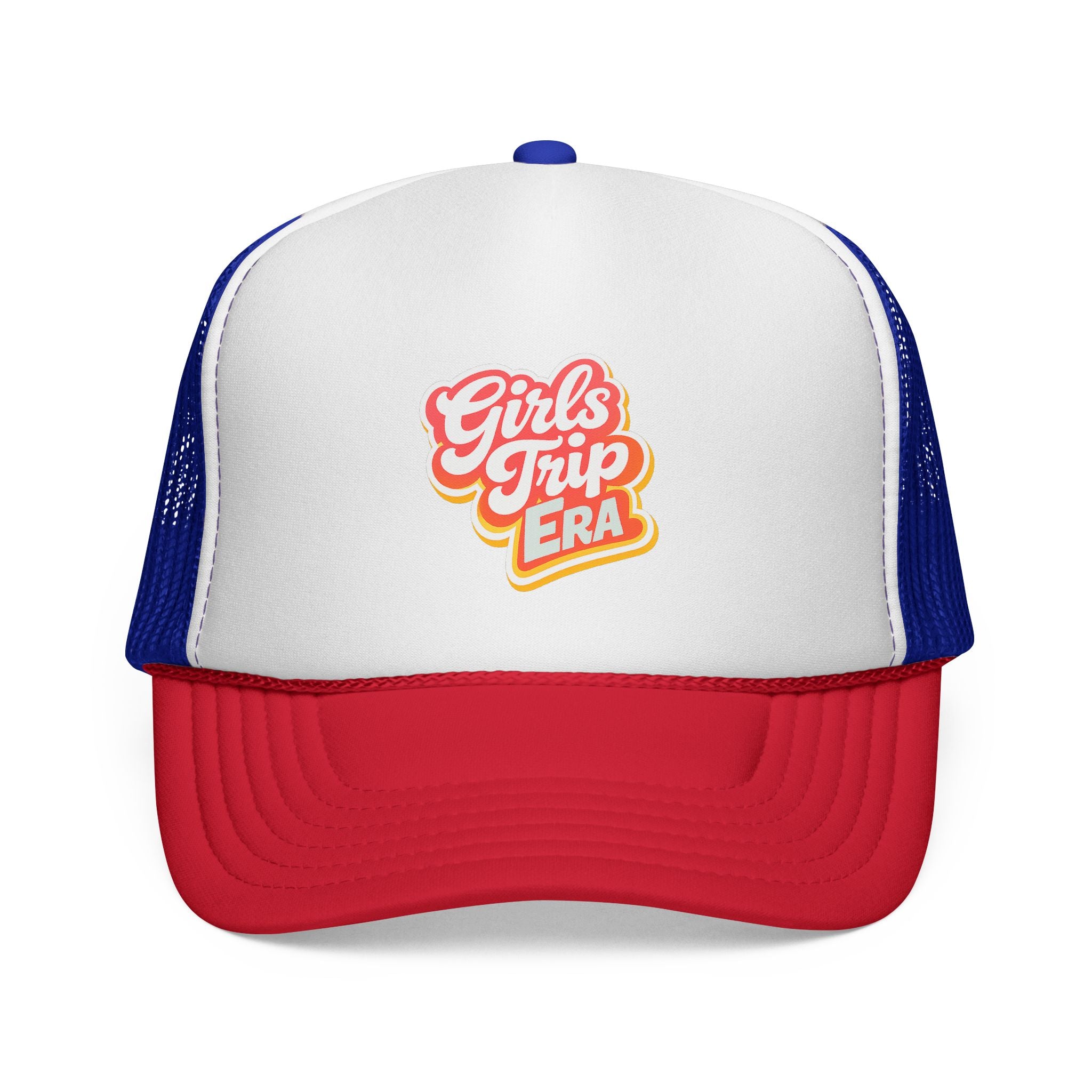 Girls Trip Era Trucker Cap — Retro Script Mesh Hat for Bachelorette & Travel