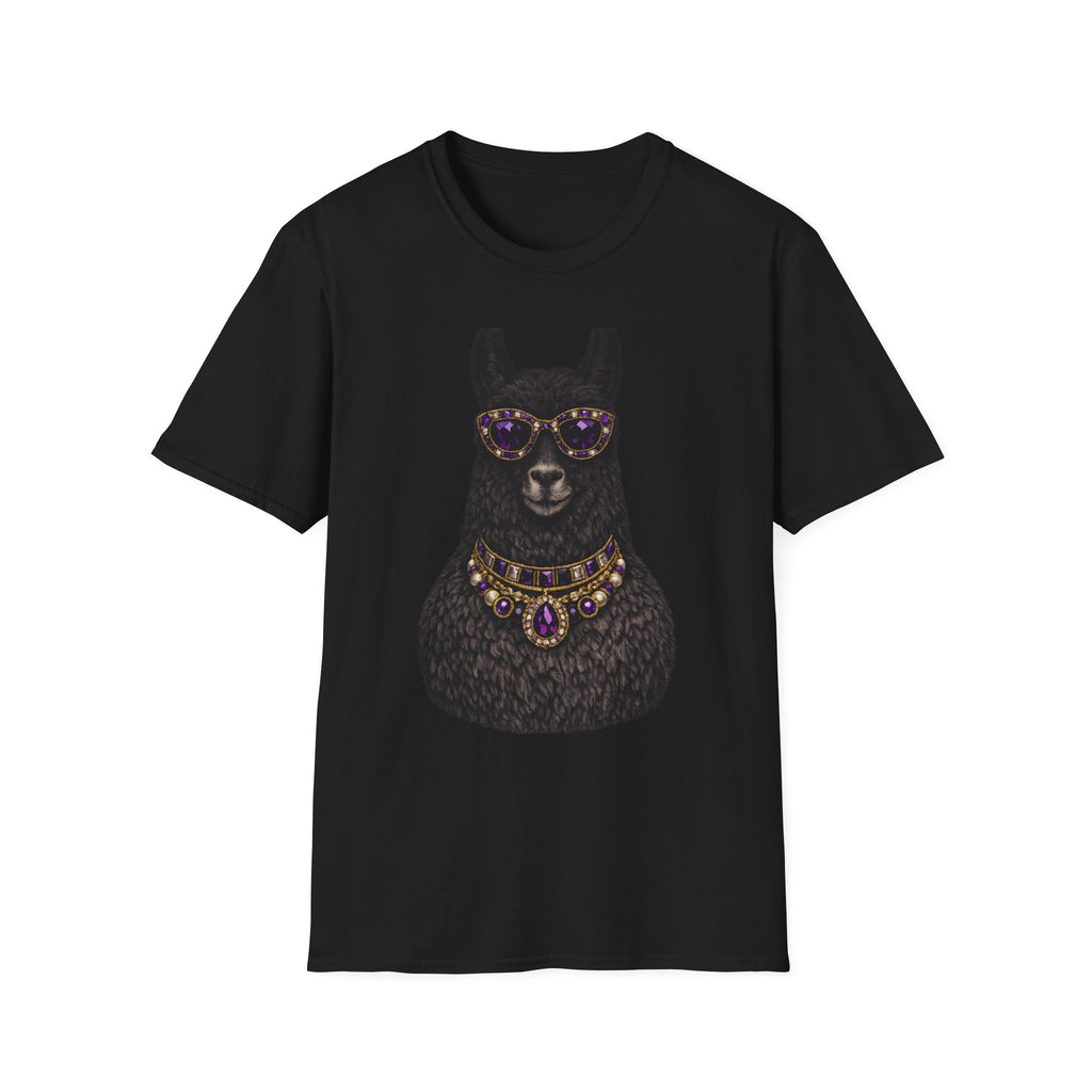 Llama Royalty T-Shirt — Black Llama with Jeweled Necklace & Sunglasses