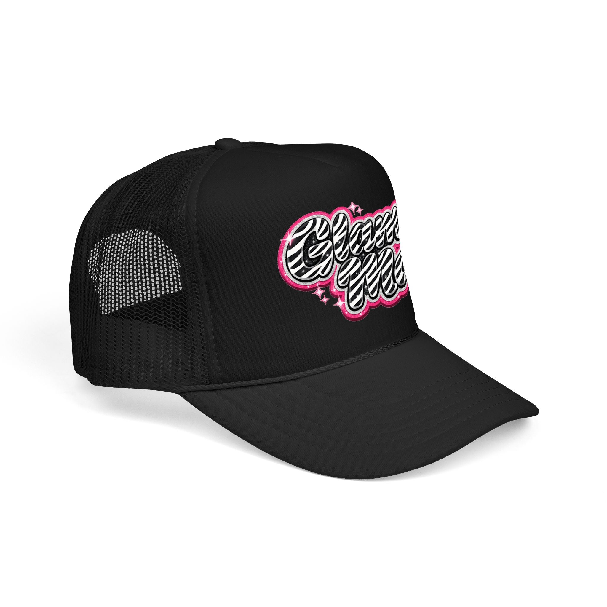 Zebra Script Foam Trucker Hat — Retro Pink Glitter "Glam Vibes" Cap