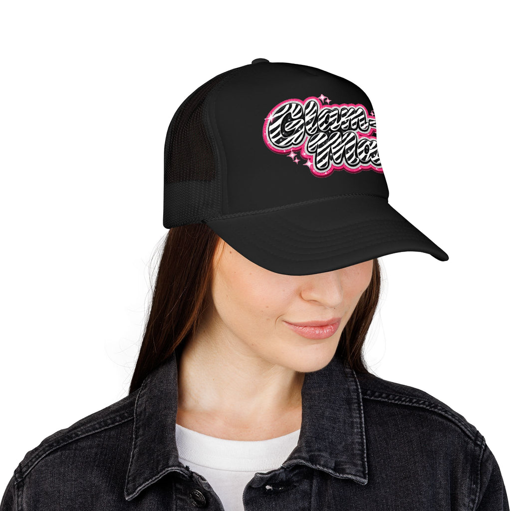 Zebra Script Foam Trucker Hat — Retro Pink Glitter "Glam Vibes" Cap
