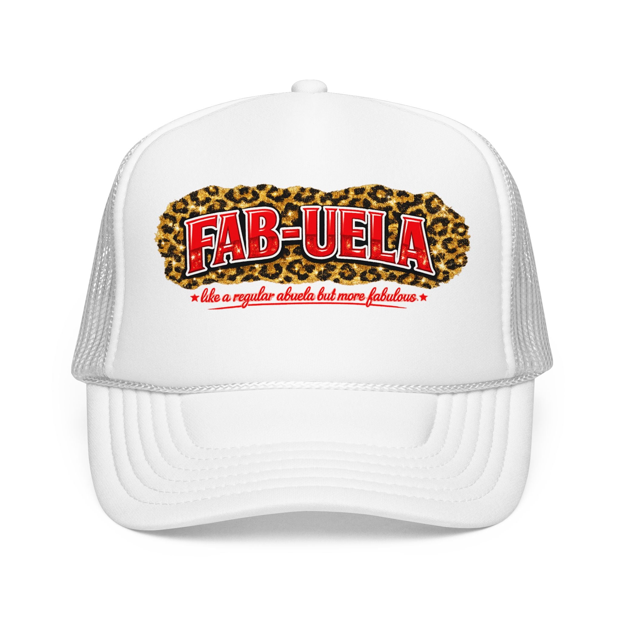 Fab-Uela Leopard Foam Trucker Hat — Funny Grandma Gift, Retro Leopard Print Trucker Cap