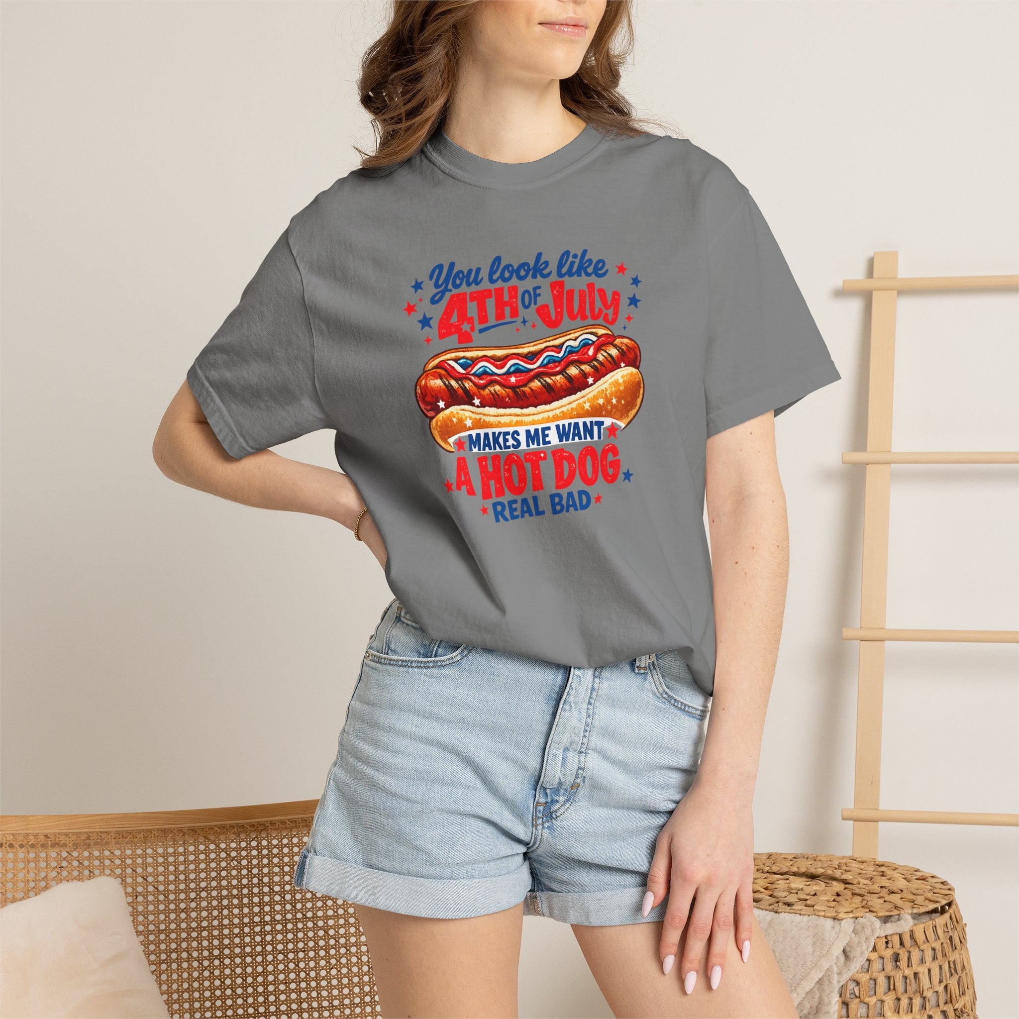 4th of July Hot Dog T-Shirt – "You Look Like 4th of July Makes Me Want a Hot Dog Real Bad"
