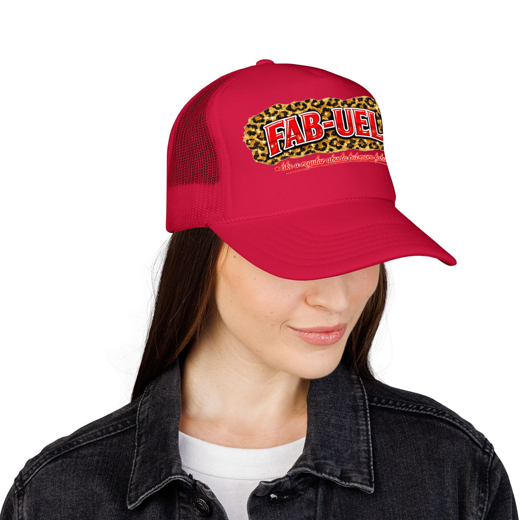 Fab-Uela Leopard Foam Trucker Hat — Funny Grandma Gift, Retro Leopard Print Trucker Cap