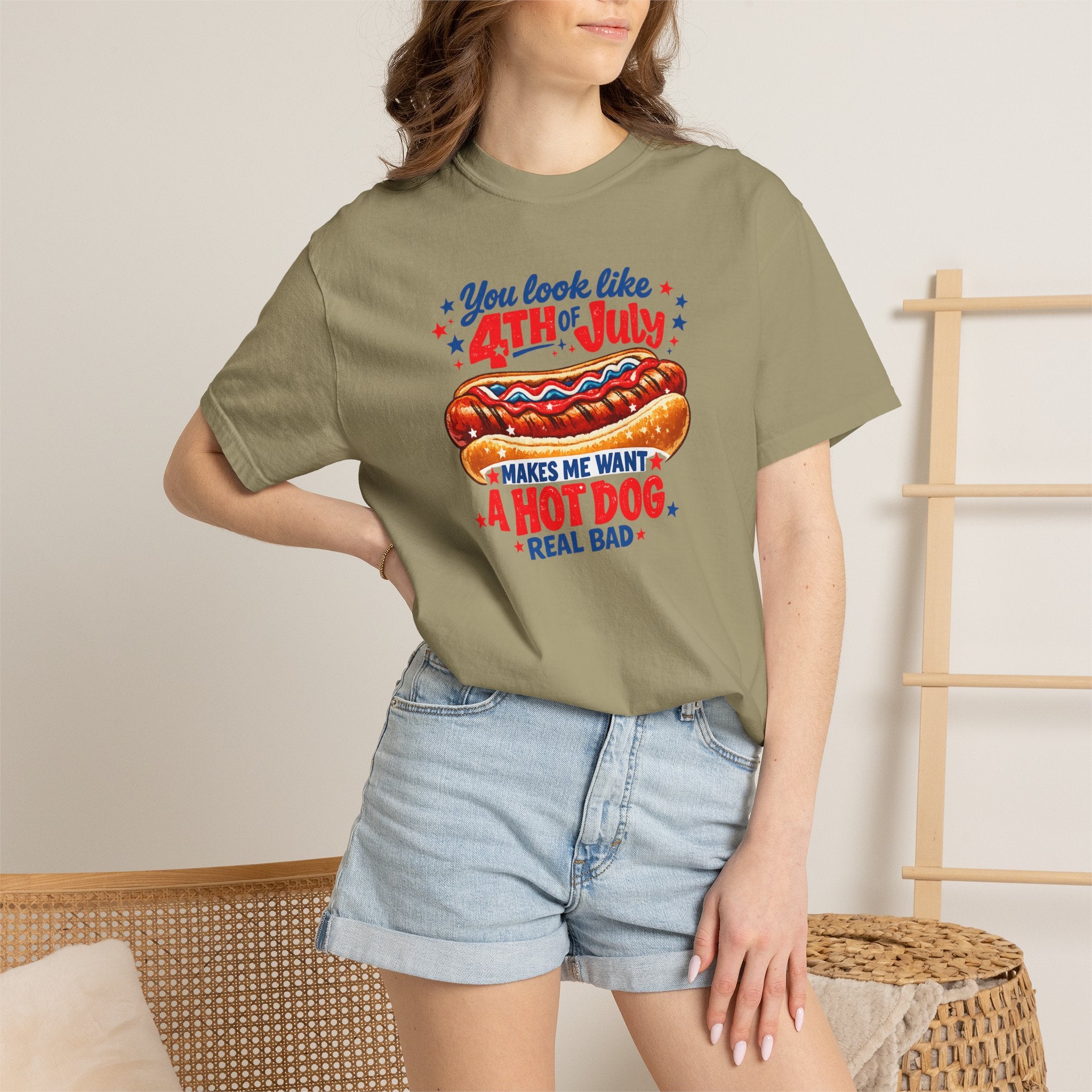4th of July Hot Dog T-Shirt – "You Look Like 4th of July Makes Me Want a Hot Dog Real Bad"