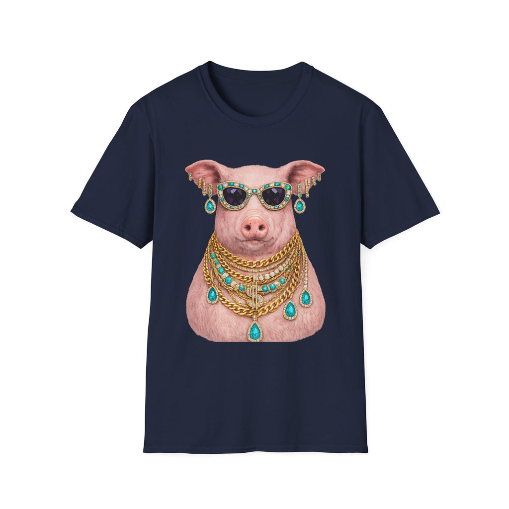 Pig with Sunglasses & Jewelry T-Shirt — Glamorous Bling Pig Tee