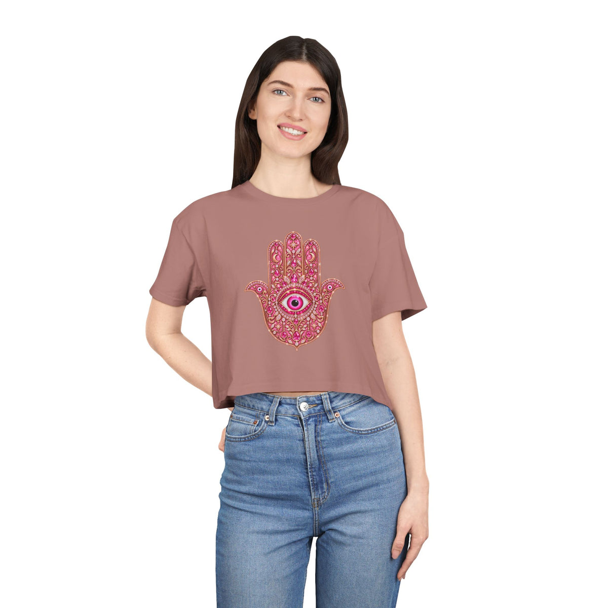 Women's Hamsa Hand Crop Tee – Pink Evil Eye Protection