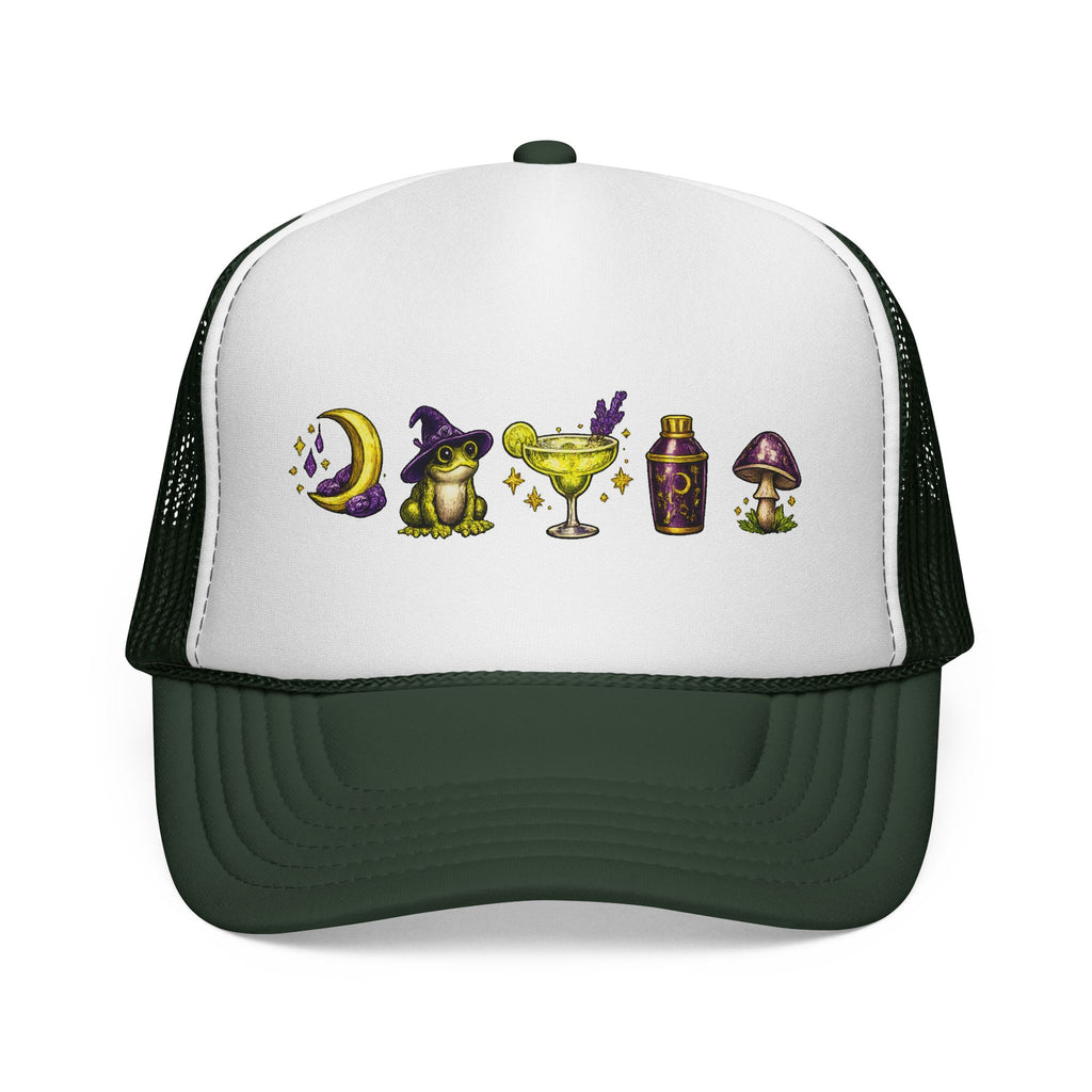 Witchy Icons Trucker Hat — Moon, Frog, Potion & Mushroom Design
