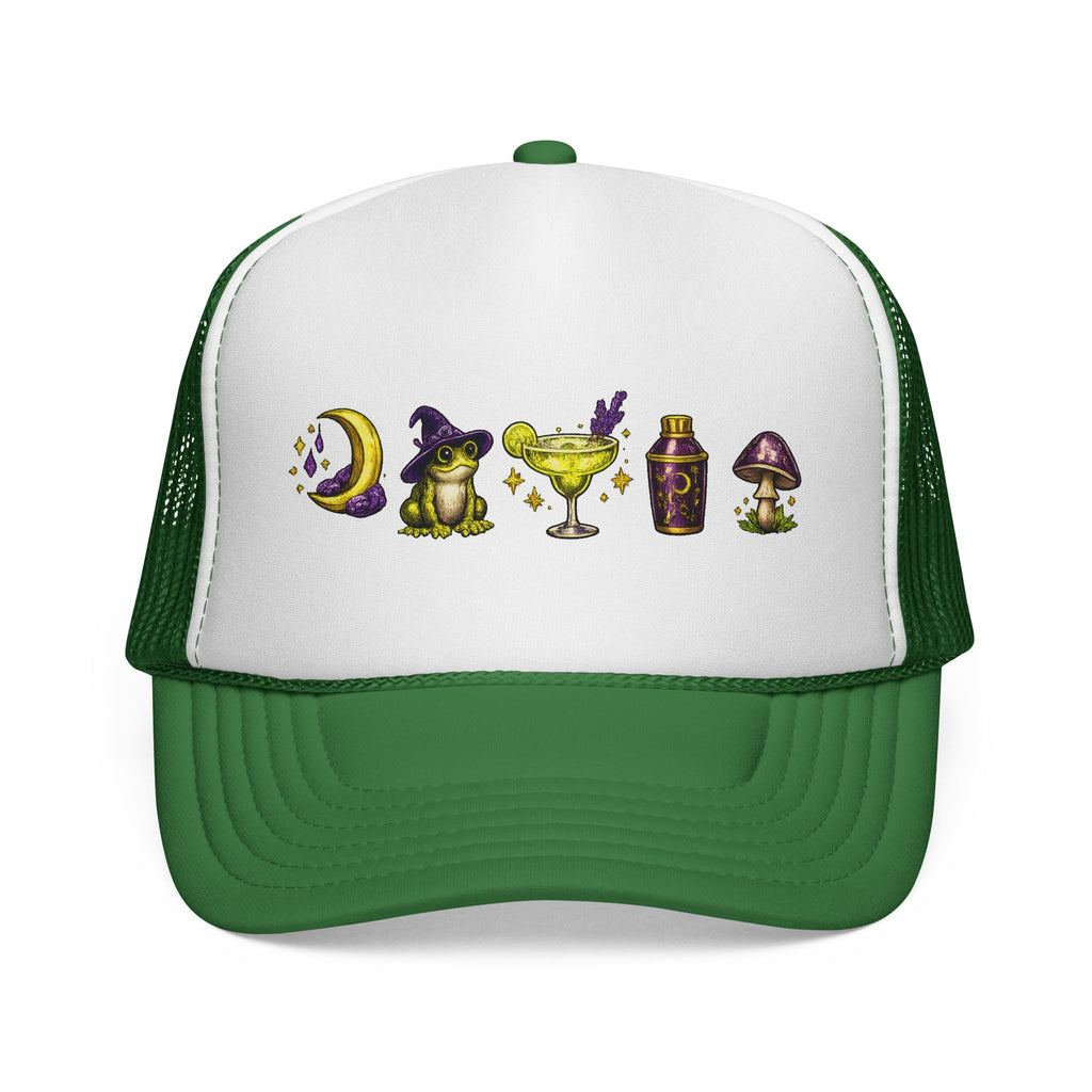 Witchy Icons Trucker Hat — Moon, Frog, Potion & Mushroom Design