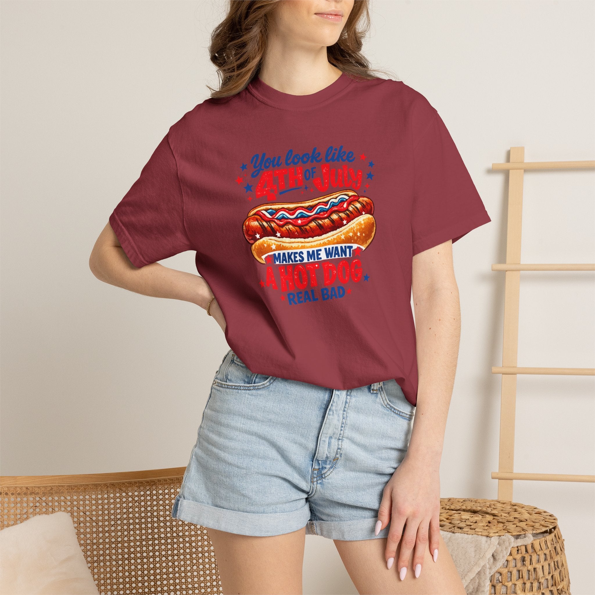 4th of July Hot Dog T-Shirt – "You Look Like 4th of July Makes Me Want a Hot Dog Real Bad"