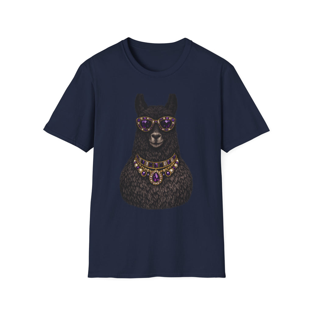 Llama Royalty T-Shirt — Black Llama with Jeweled Necklace & Sunglasses