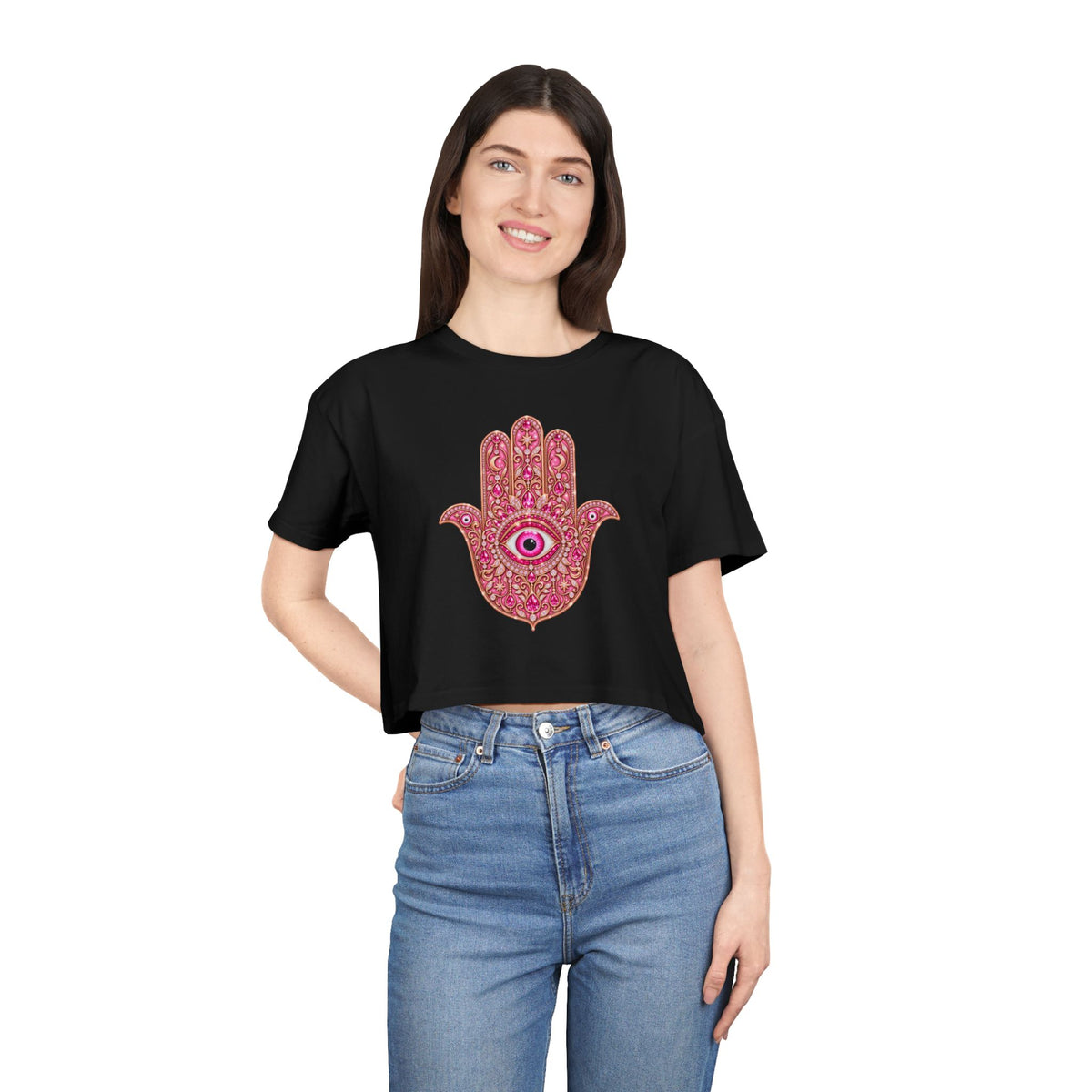 Women's Hamsa Hand Crop Tee – Pink Evil Eye Protection
