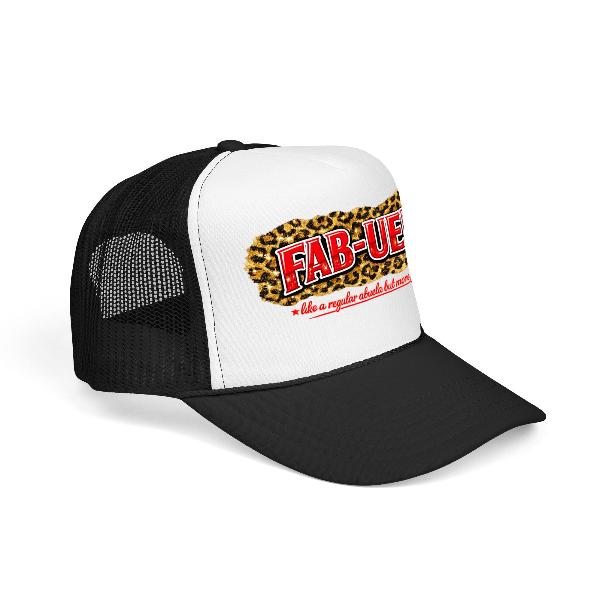 Fab-Uela Leopard Foam Trucker Hat — Funny Grandma Gift, Retro Leopard Print Trucker Cap