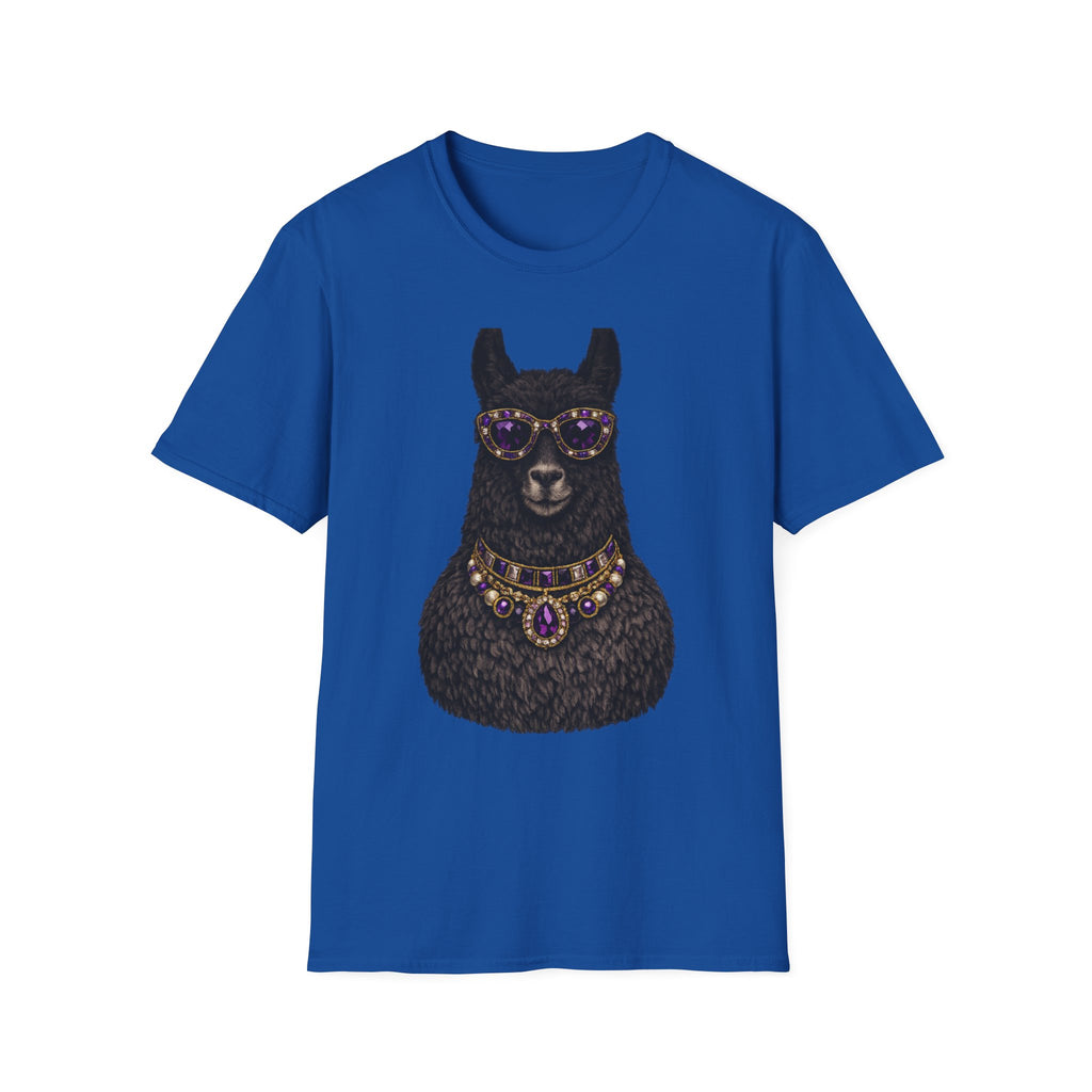 Llama Royalty T-Shirt — Black Llama with Jeweled Necklace & Sunglasses