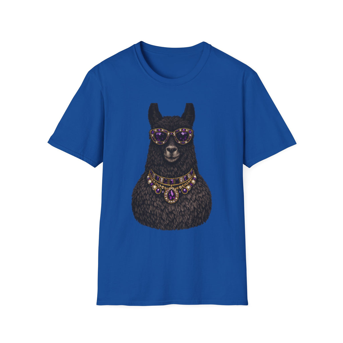 Llama Royalty T-Shirt — Black Llama with Jeweled Necklace & Sunglasses