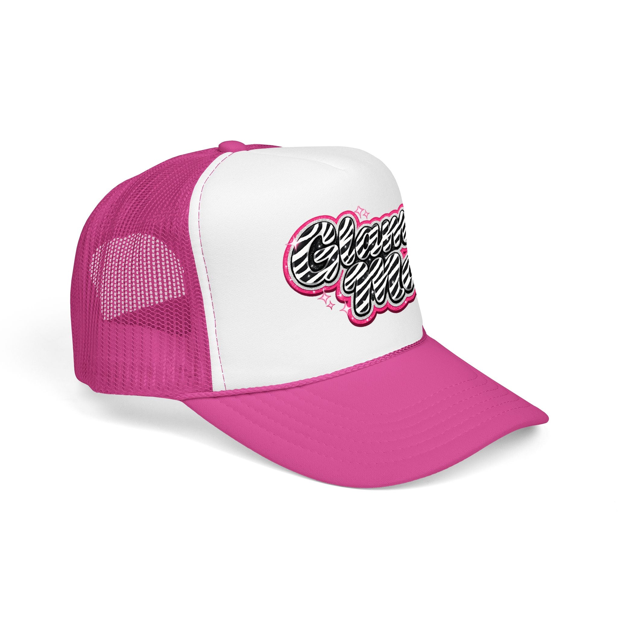 Zebra Script Foam Trucker Hat — Retro Pink Glitter "Glam Vibes" Cap