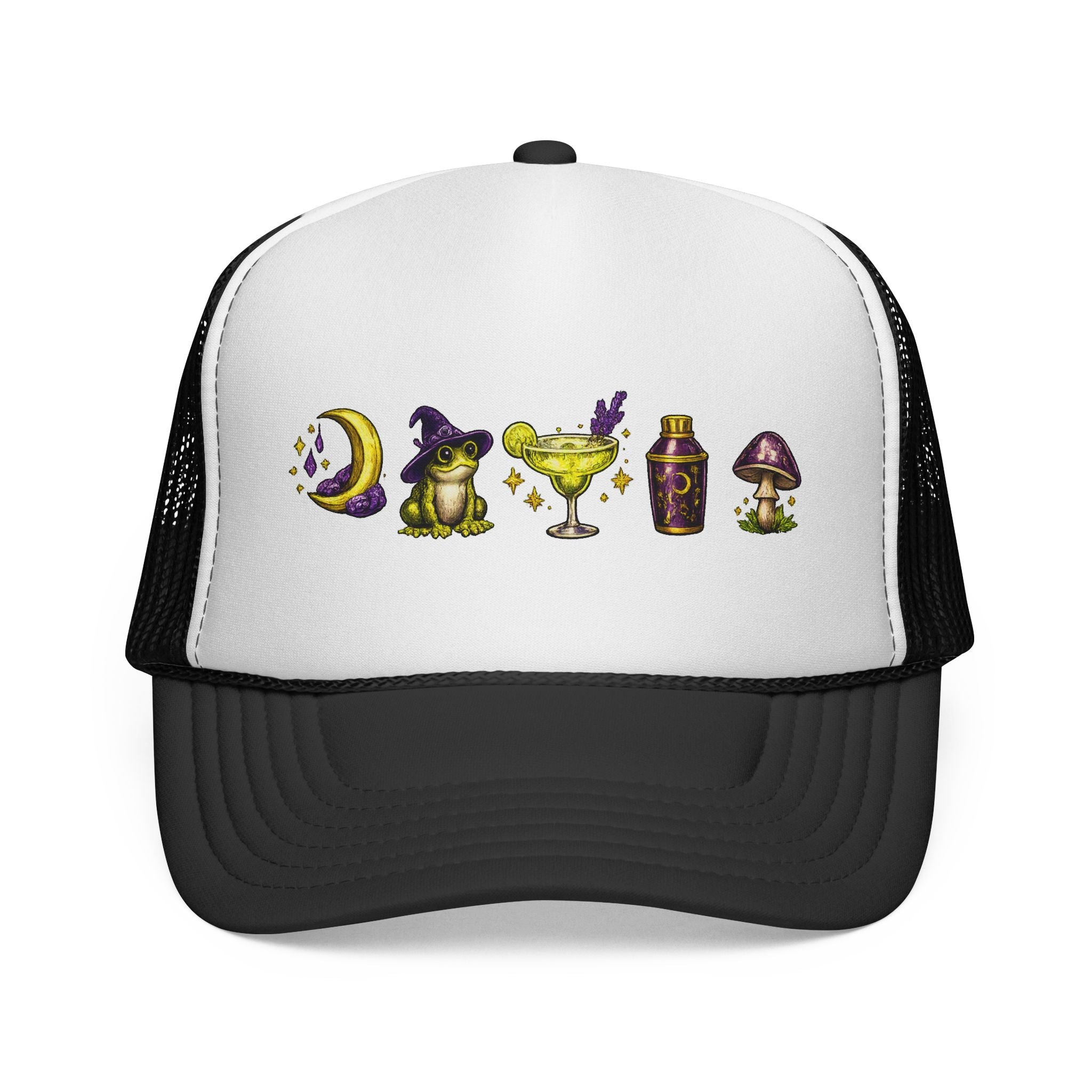 Witchy Icons Trucker Hat — Moon, Frog, Potion & Mushroom Design