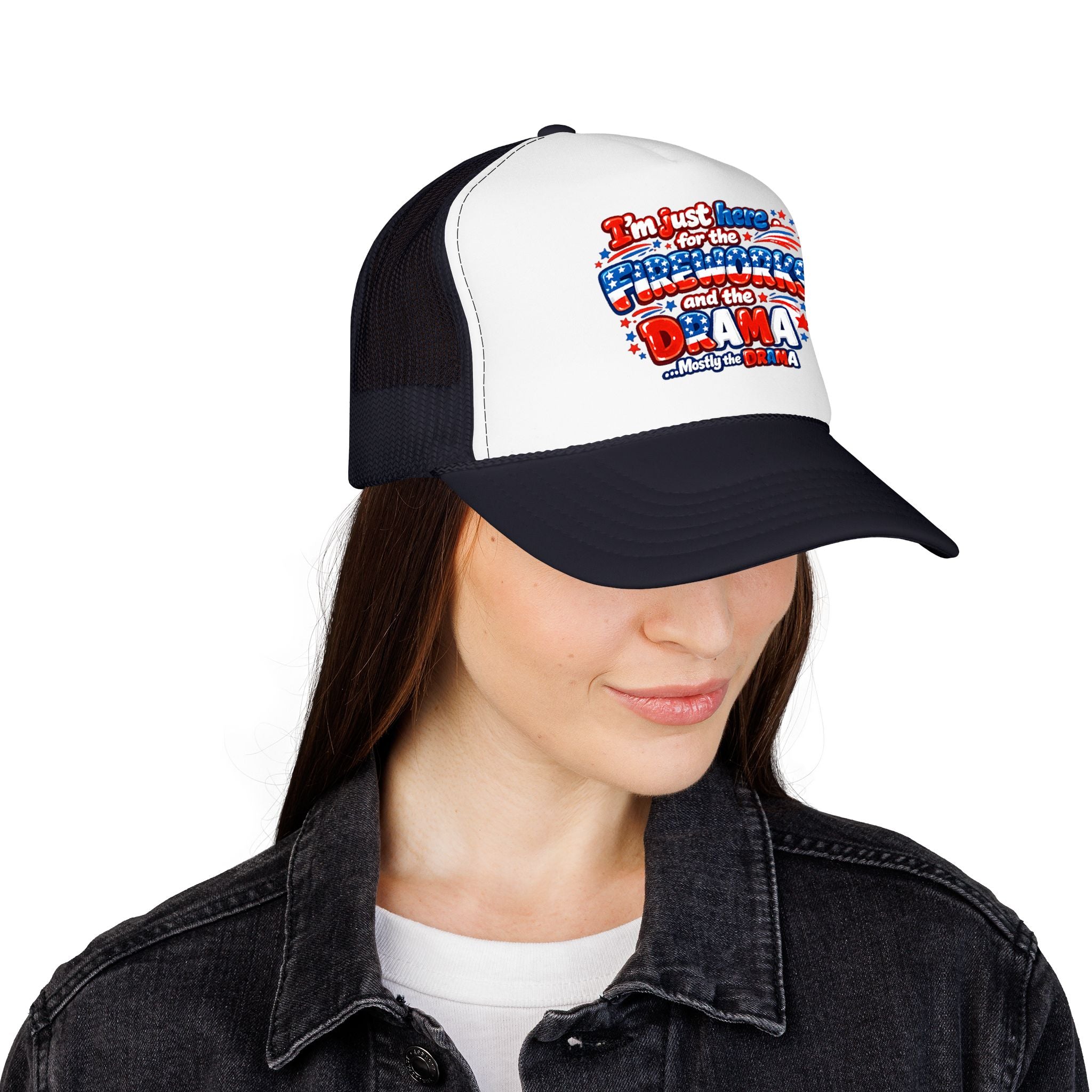 Patriotic Foam Trucker Hat – “Here for the Fireworks and the Drama” USA Fourth of July Cap