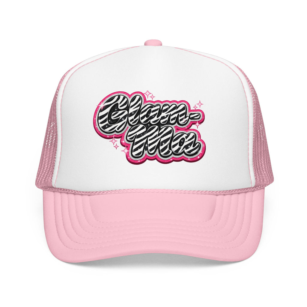 Zebra Script Foam Trucker Hat — Retro Pink Glitter "Glam Vibes" Cap