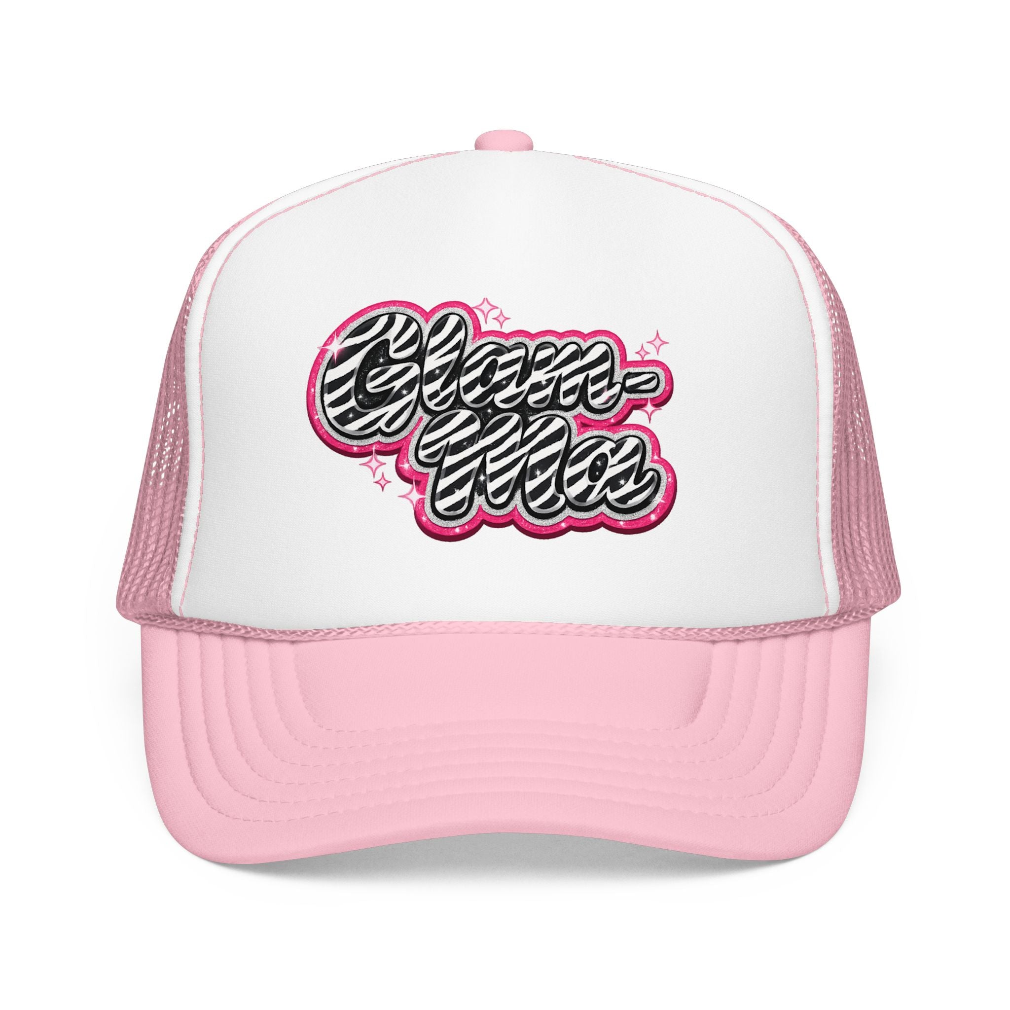 Zebra Script Foam Trucker Hat — Retro Pink Glitter "Glam Vibes" Cap