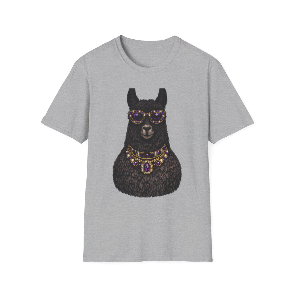 Llama Royalty T-Shirt — Black Llama with Jeweled Necklace & Sunglasses