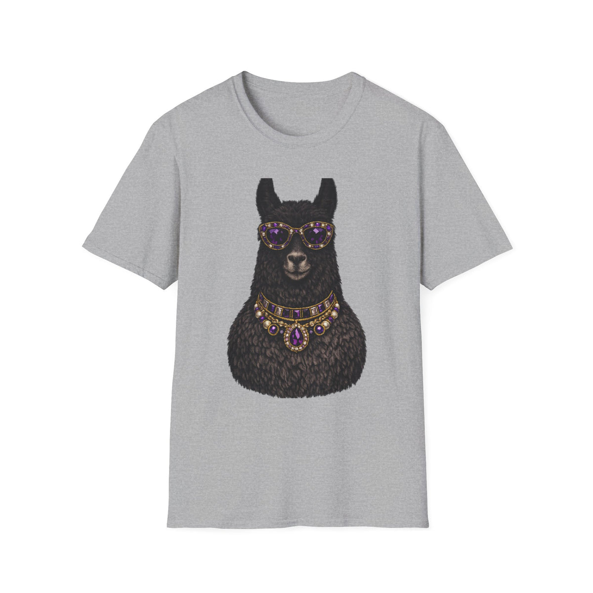 Llama Royalty T-Shirt — Black Llama with Jeweled Necklace & Sunglasses
