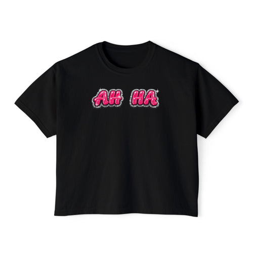 Ah Ha Graphic Tee – Women's Boxy Tee with Pink Lip Back Accent