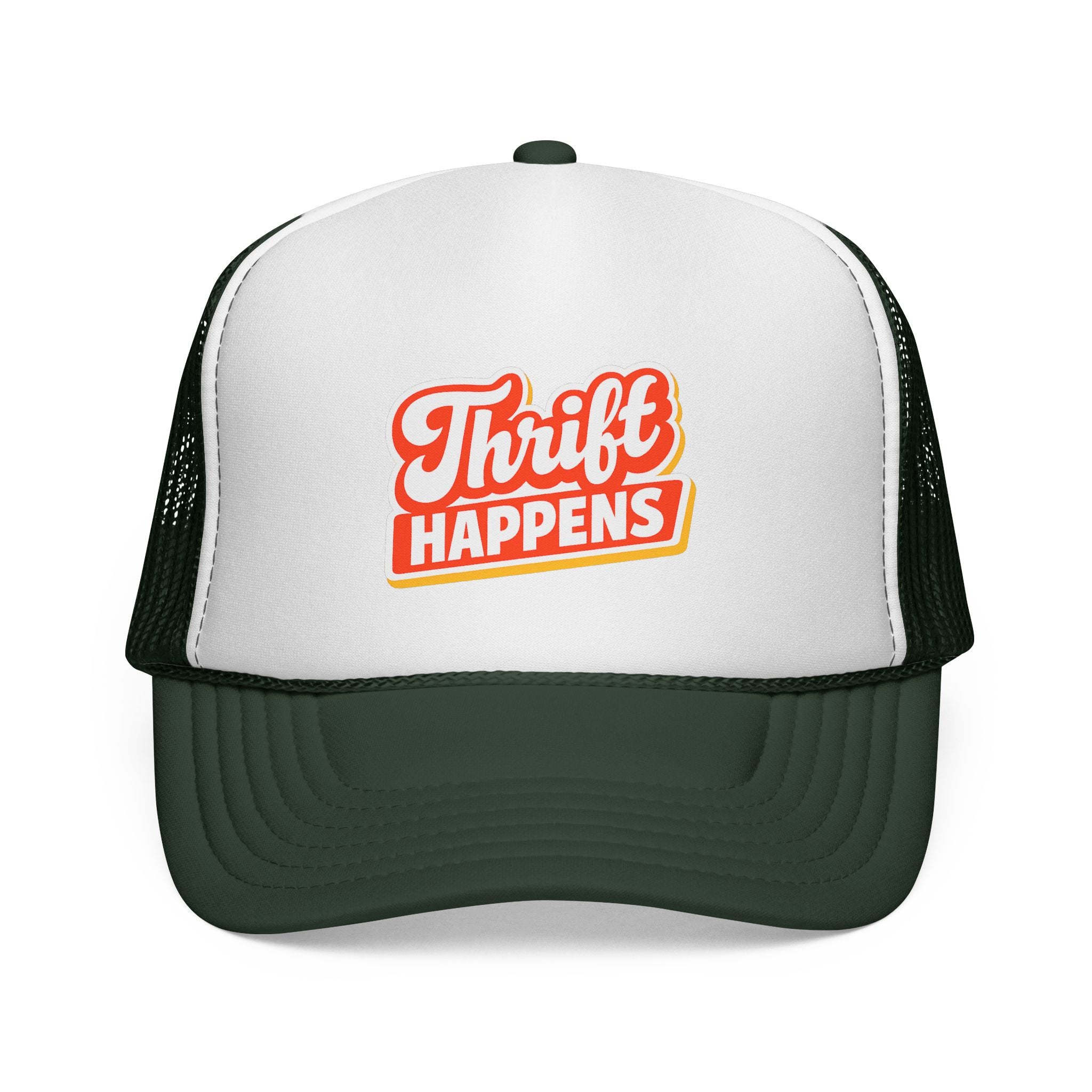 Thrift Happens Trucker Hat — Retro Thrifting Mesh Cap