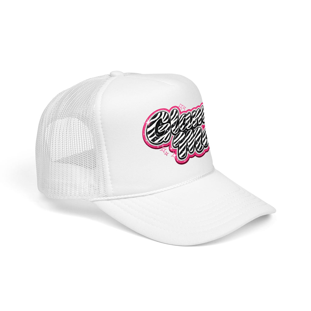 Zebra Script Foam Trucker Hat — Retro Pink Glitter "Glam Vibes" Cap