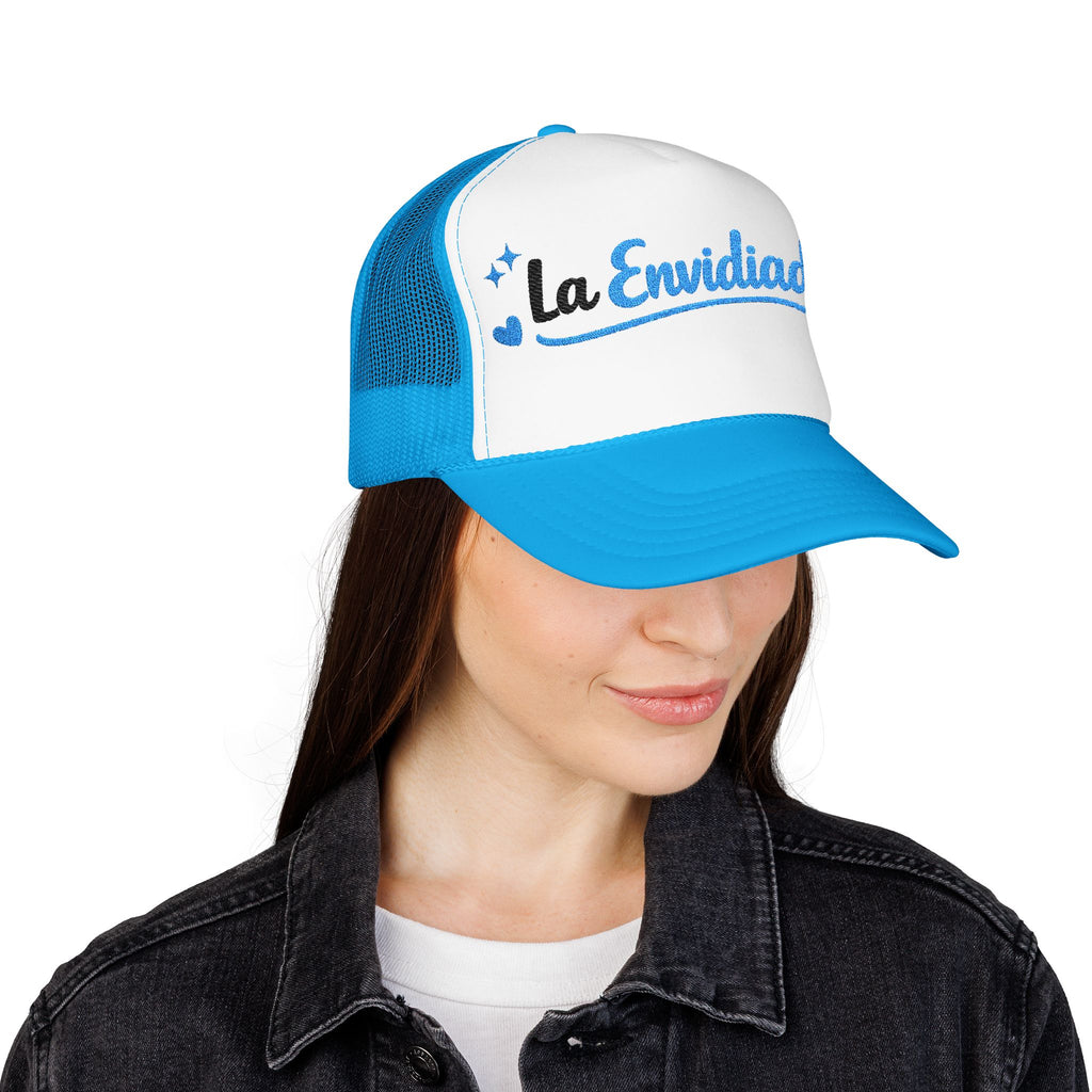 Emocionada Script Trucker Hat — Blue Glitter "La Envidiada" Foam Cap