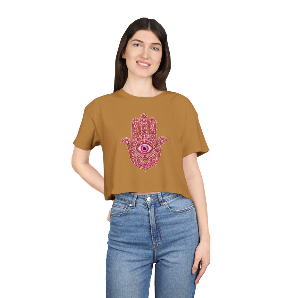 Women's Hamsa Hand Crop Tee – Pink Evil Eye Protection