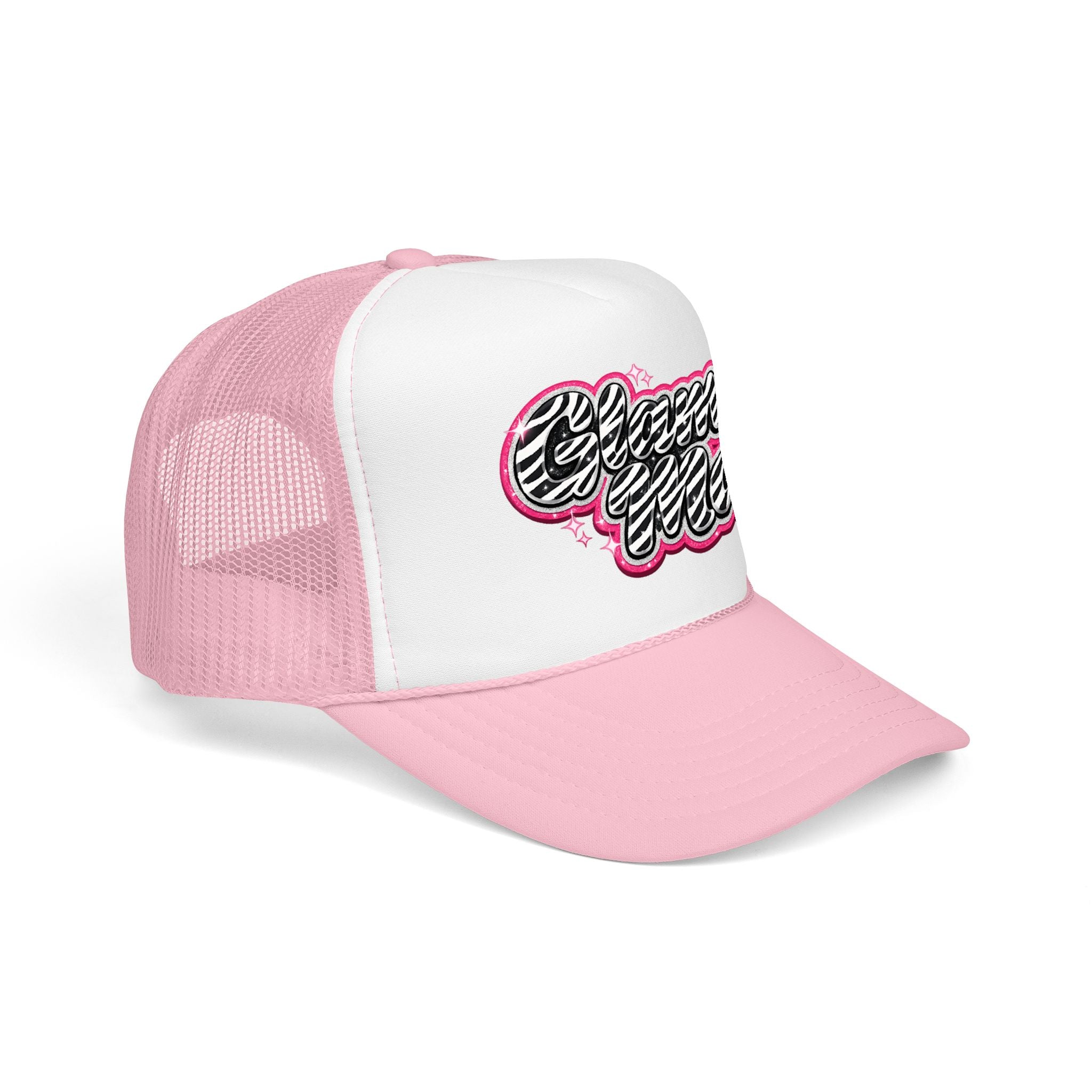 Zebra Script Foam Trucker Hat — Retro Pink Glitter "Glam Vibes" Cap