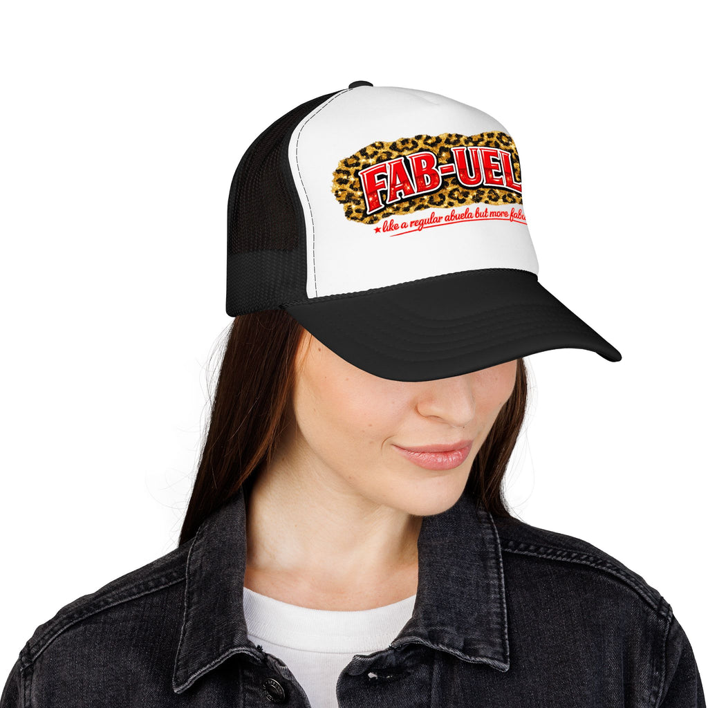Fab-Uela Leopard Foam Trucker Hat — Funny Grandma Gift, Retro Leopard Print Trucker Cap